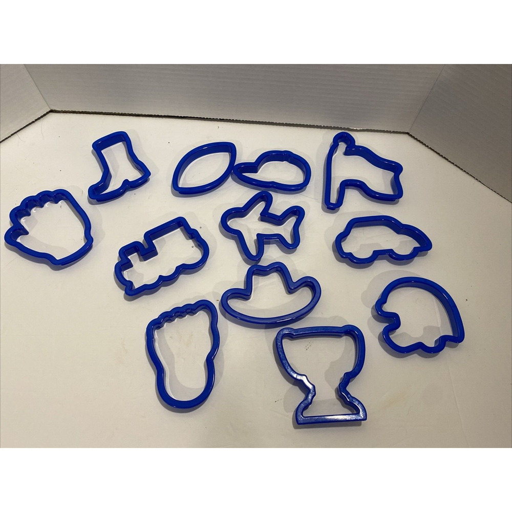 Lot of 12 Different Plastic Cookie Dough Cutters Plastic, Vehicles, Sports Theme